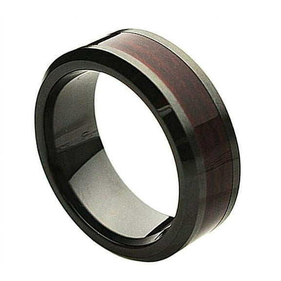 8mm Ceramic Beveled Edge with Burgundy Wood Laminate Inlay Wedding Band Ring For Men Or Ladies