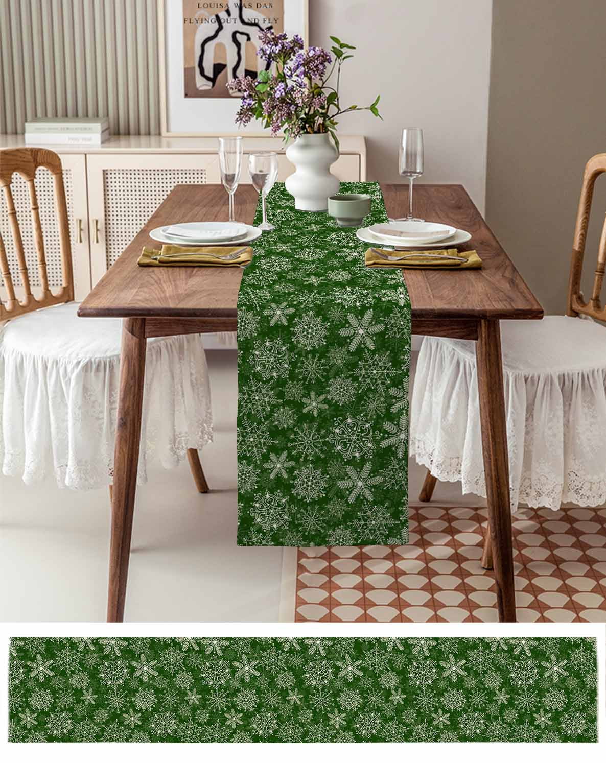 Green Snowflake Christmas Burlap-Cotton Table Runner 120 Inches Long,Xmas Snowflake Vintage Farmhouse Table Runners,Outdoor Dining Tablecloths Decor for Baby Shower Party Wedding 13x120