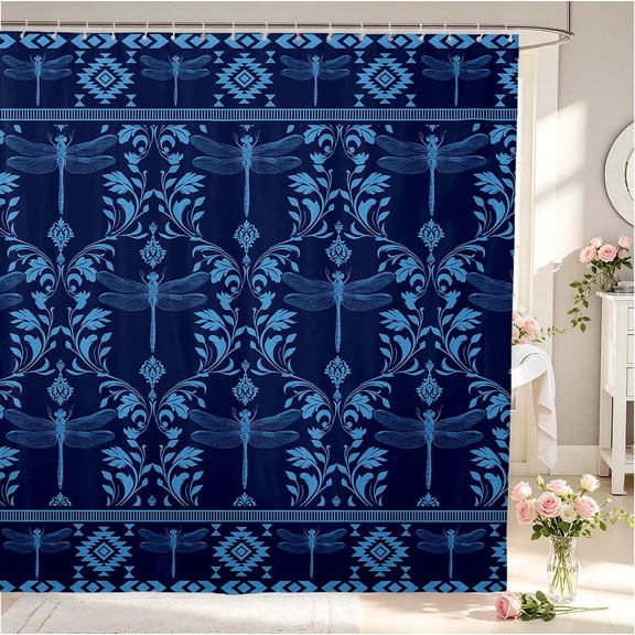 Erosebridal Boho Damask Bug Dragonfly Shower Curtain 72Wx72L,Aztec Print Bathroom Curtain,Navy Blue