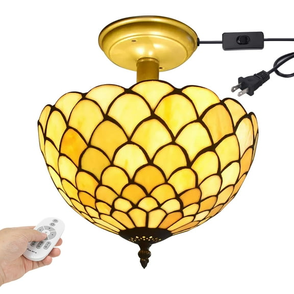 Kiven 11.8in Plug-in Flush Mount Ceiling Light Fixture, 2-Light Anti Glare Close to Ceiling Light with 15FT Cord, Tiffany-Style Glass Chandelier Dimmable for Bedroom Kitchen Hallway(No.3184)