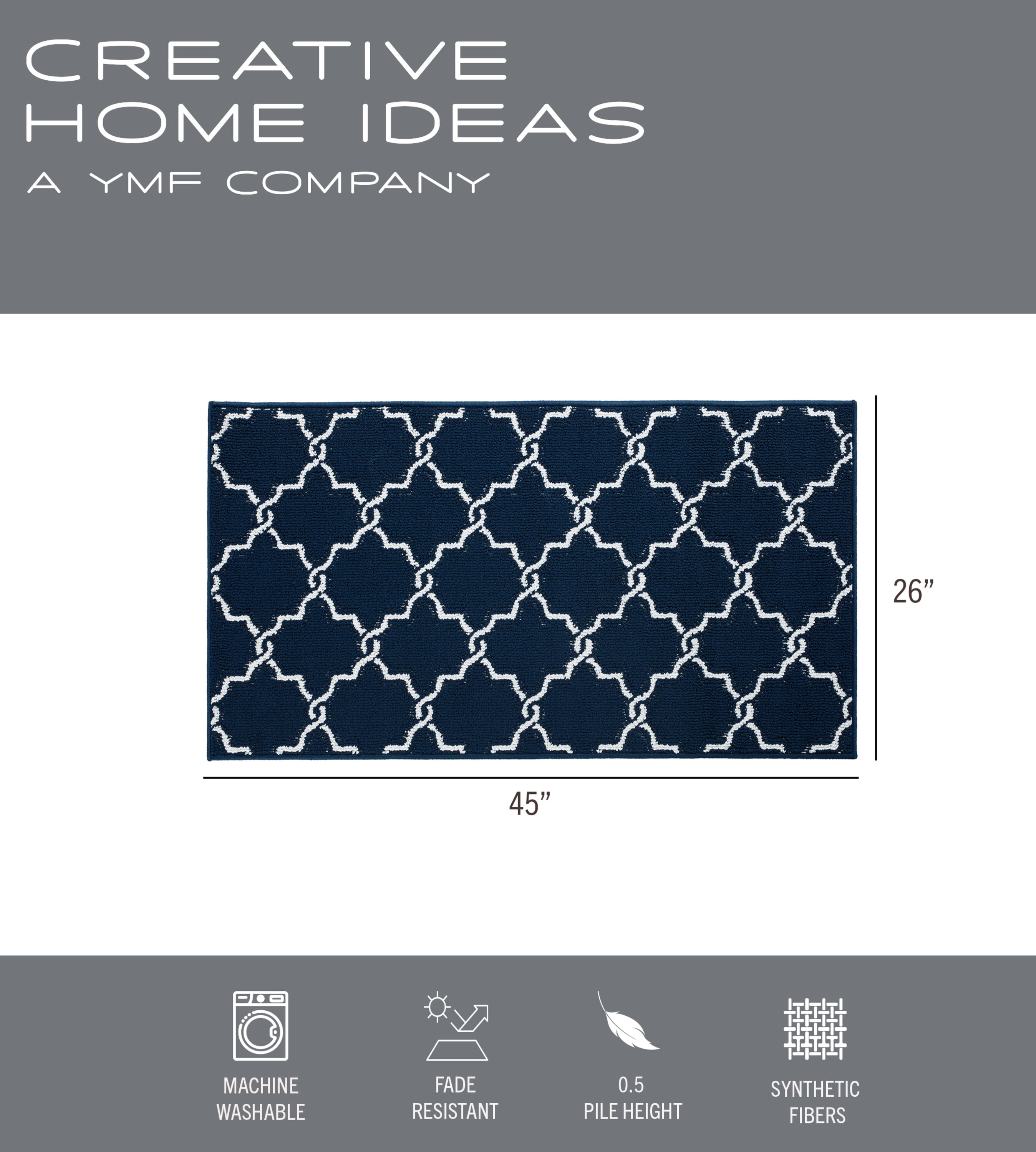 Jean Pierre Washable Non-Slip Accent Rug, Geometric, Navy and White, 26 x 45