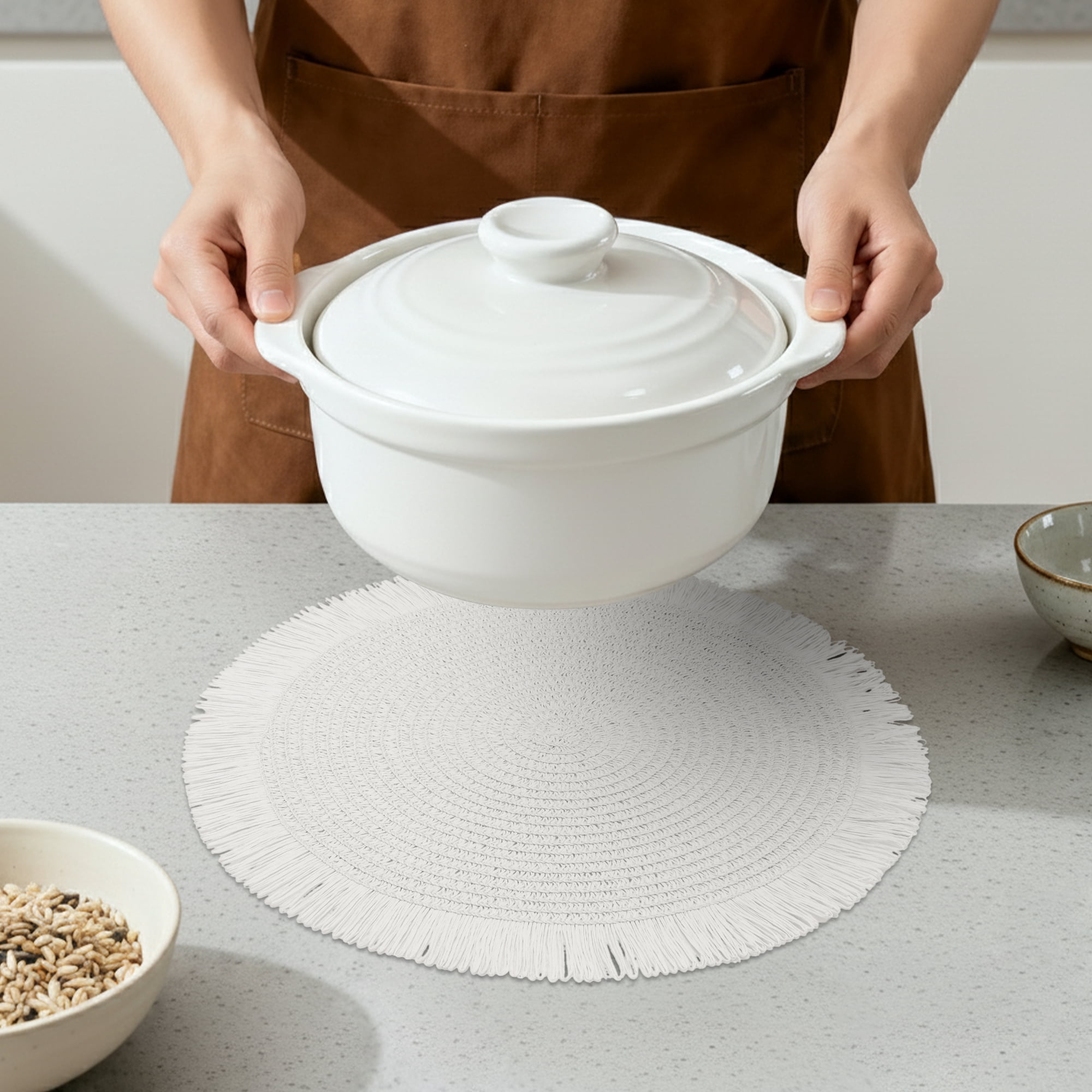 Unique Bargains Rustic Woven Round Placemats 6pcs White 15"x15"