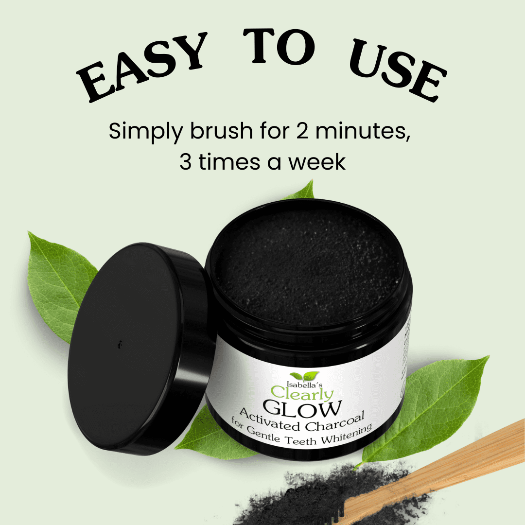 Isabella's Clearly GLOW Teeth Whitening Activated Charcoal Powder Set with Bamboo Toothbrush and Copper Tongue Scraper