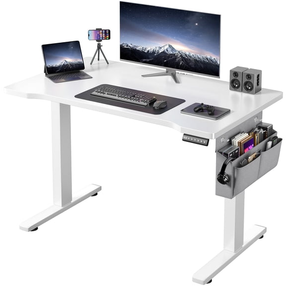 Romorgniz 55" Electric Standing Desk with LED Lights, Height Adjustable Workstation, Home Office Table with Storage Pocket, 2 Hooks & Cable Management
