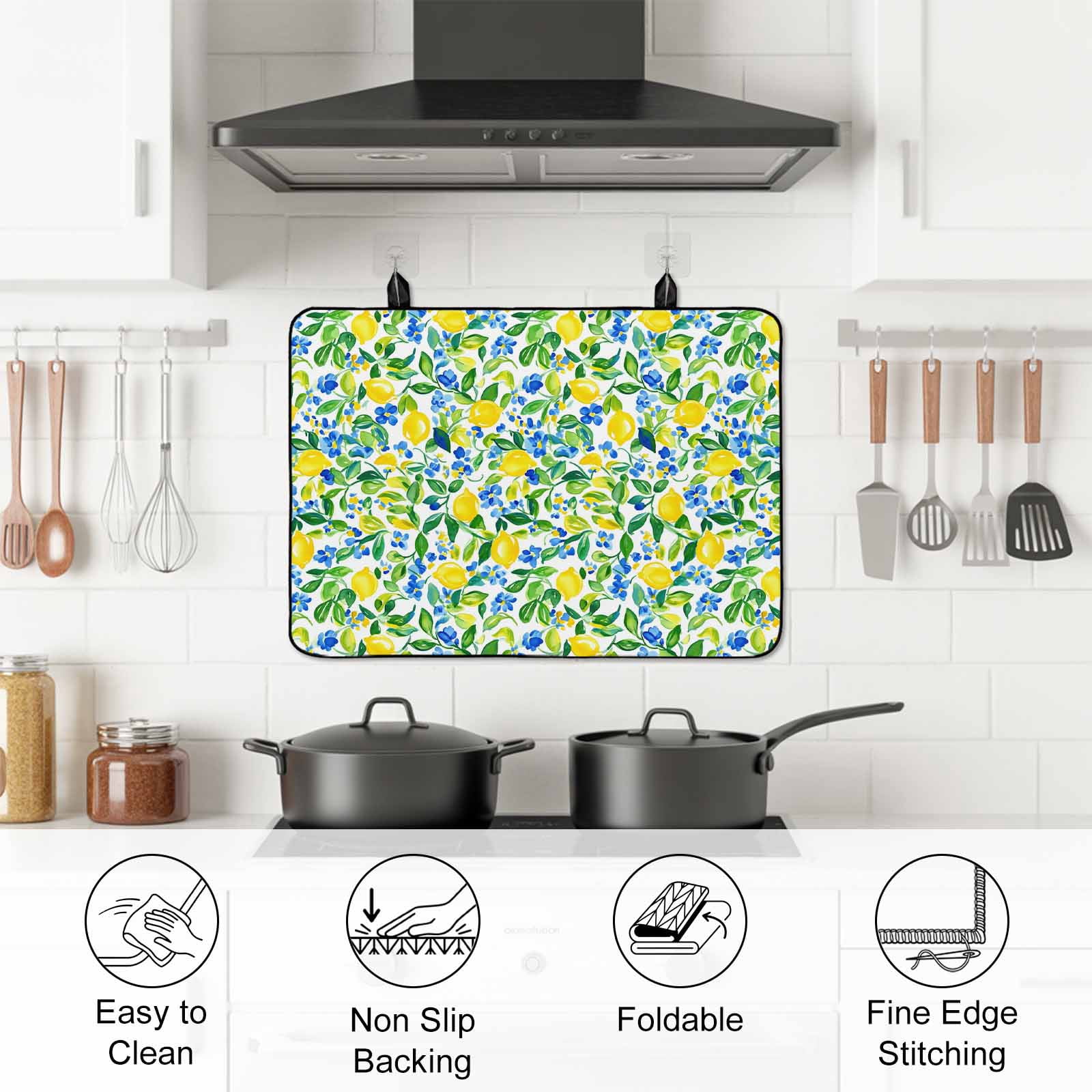 Summer Lemon Stove Top Cover for Electric Stove, Heat-proof & Non Slip Glass Top Stove Cover Protector, Green Botanical Blue Flowers Kitchen Flat Cooktop Rubber Mat 24x21 Inches