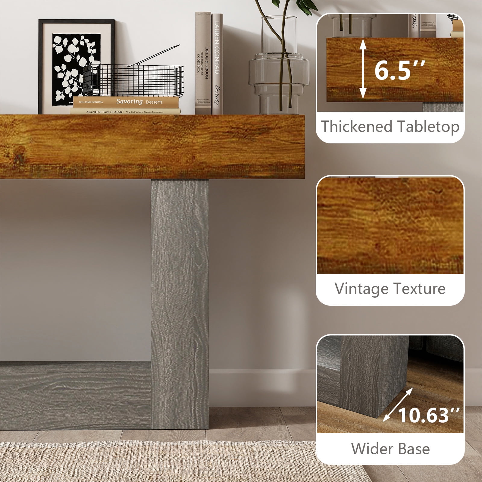 Hommoo 63" Wooden Console Table, Farmhouse 2-Tier Sofa Table, Entryway Table Hallway Table, Brown & Gray