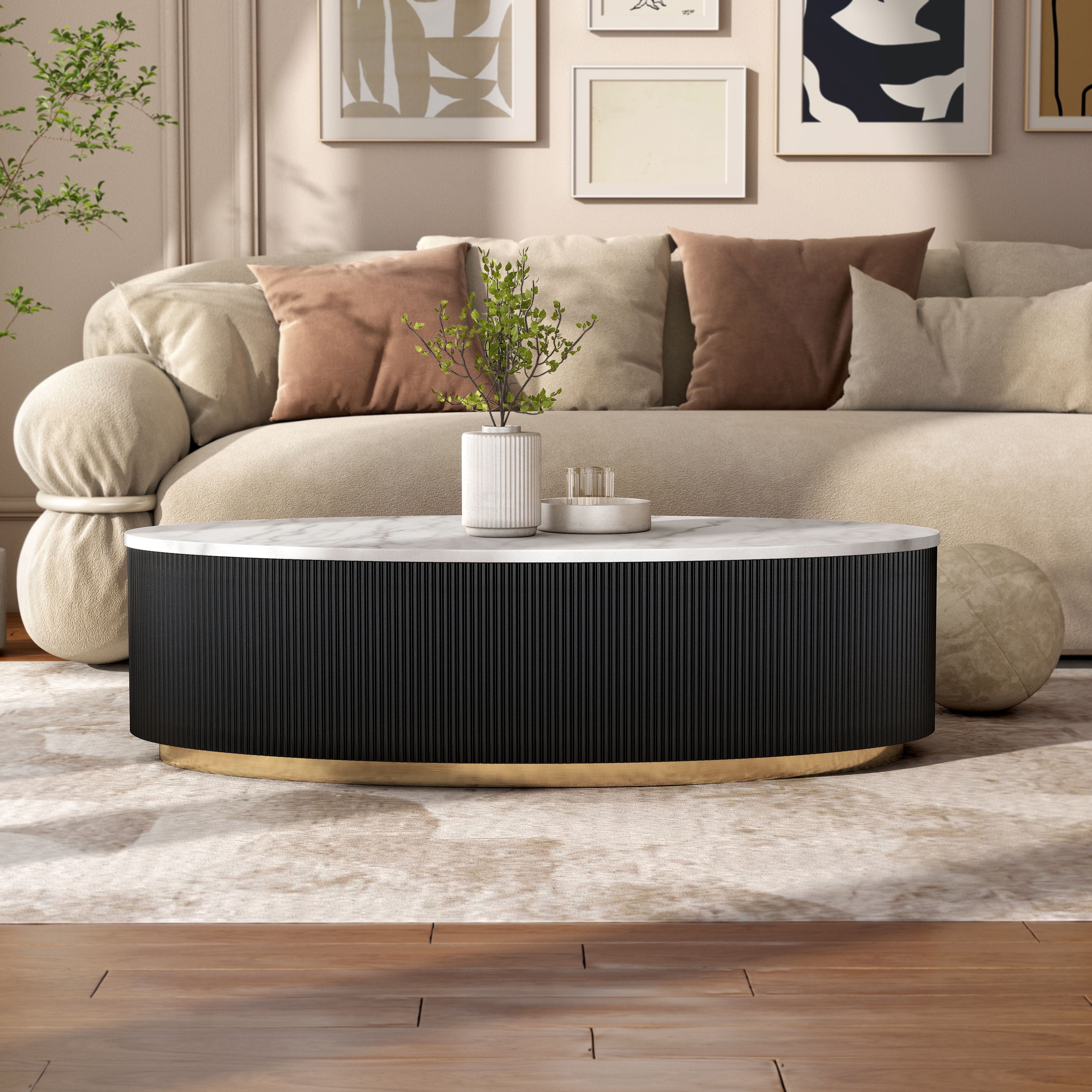 Furniture of America Jaine Modern Marble Top Oval Coffee Table, Black and White