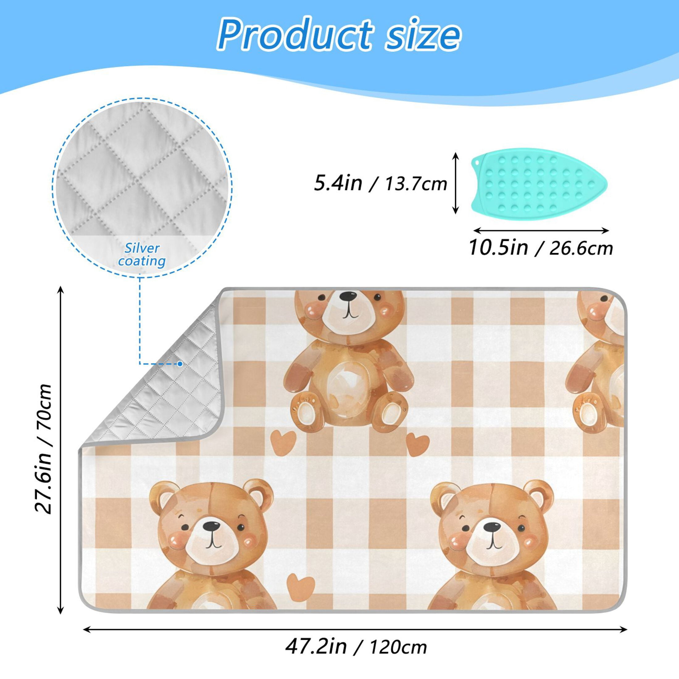 Cute Cartoon Bears with Hearts Ironing Mat Blanket Portable Travel Ironing Pad Heat Resistant Pad 47.2" x 27.6”
