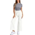 thumbnail image 2 of Jeans de pierna ancha para mujer INSPIRE CHIC con cordón, cintura elástica, pantalones de mezclilla casuales con bolsillos, blancos M, 2 of 5