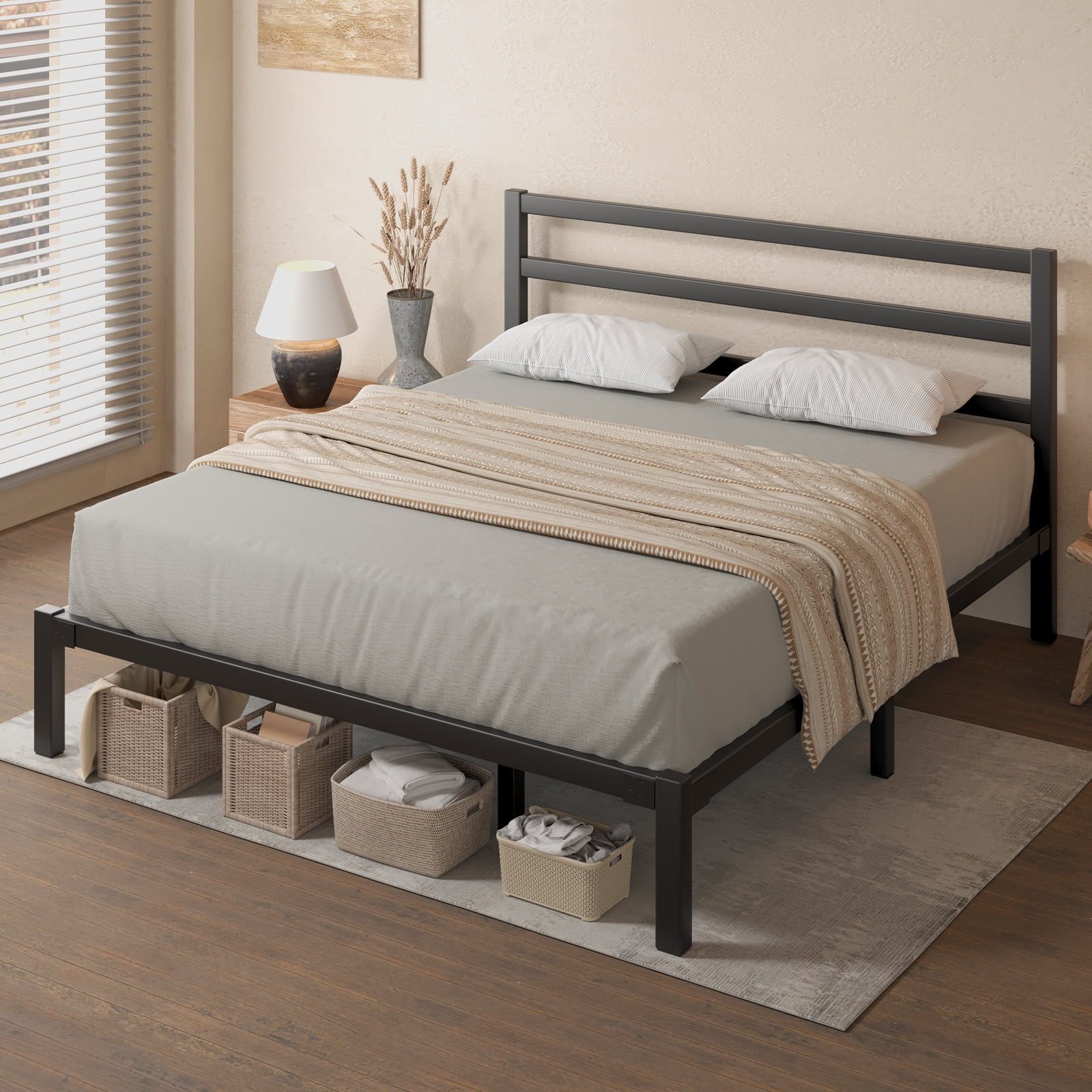 E-motie King Size Metal Platform Bed Frame with Headboard, Heavy Duty Metal Slat Mattress Foundation, Easy Assembly, No Box Spring Needed, Black