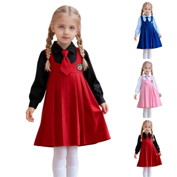 SGFCWSX Girls School Uniform 2 Piece Set for Kids Collared Pleated Dress with Tie Spring Outfit Red Size 6-7 Years