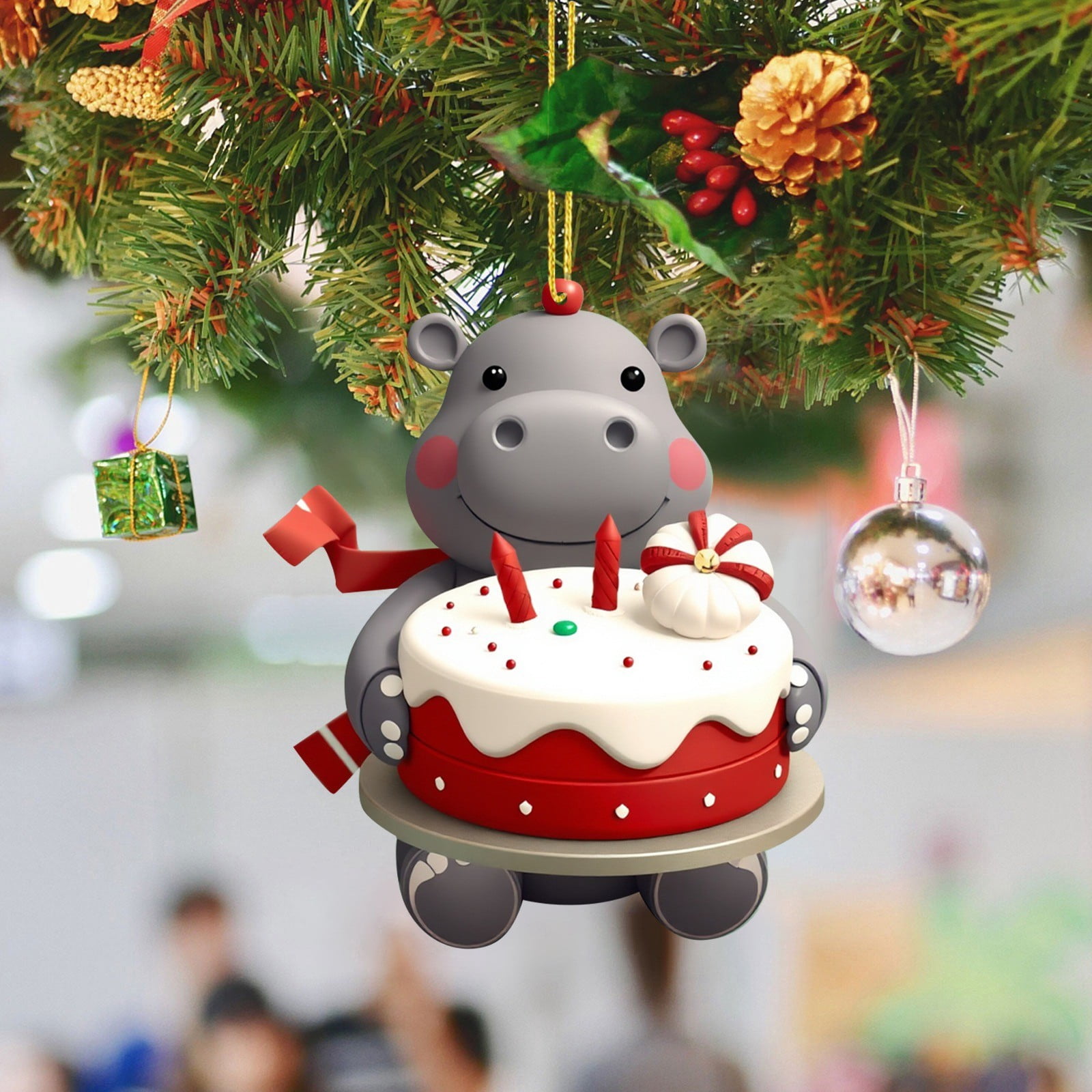 Décoration Sapin Hippopotame Acrylique - Ornement Voiture Ou Maison, Motif 2D, Pour Noël Festif