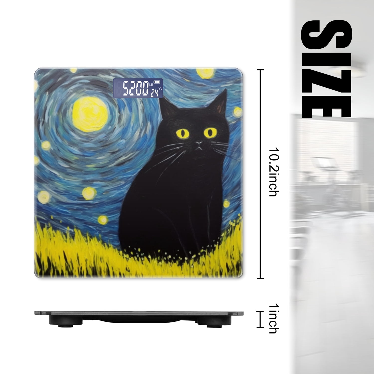 High Precision Body Weight Scale Smart Bathroom Scales with Large LCD Display(400lbs),Decorative for Bedroom-Black Cat Starry Night Painting