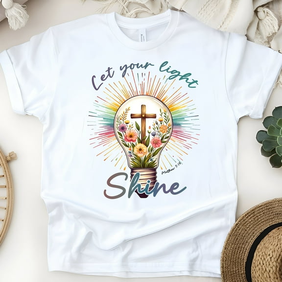 Christian Light Bulb Graphic T-Shirt Let Your Light Shine, White, Size S
