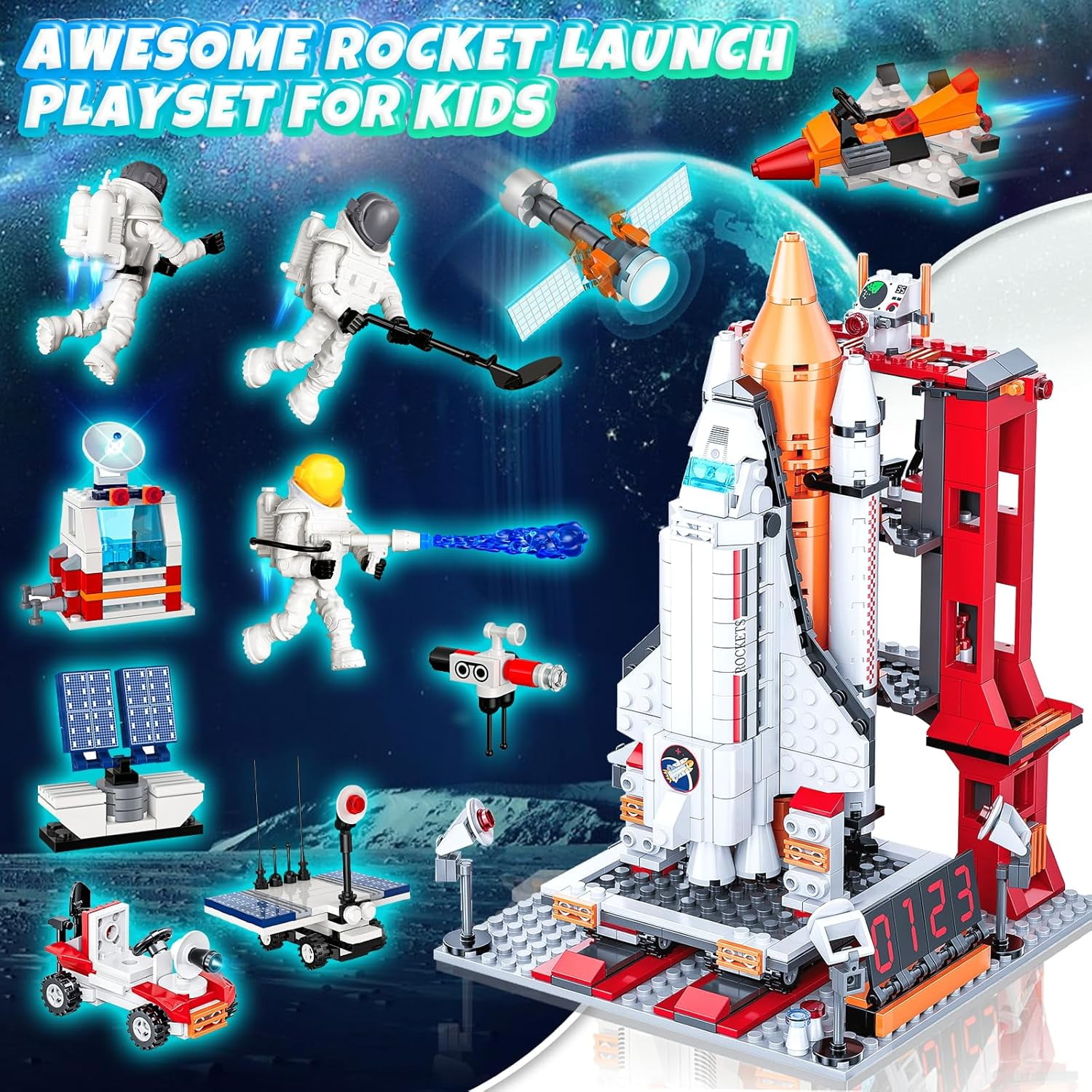 OKKIDY ABS Space Exploration Shuttle Building Blocks, 12-in-1 STEM Rocket Toy with 3 Astronauts, Compatible with Lego, Gift Idea for Ages 6+, 885 Pcs