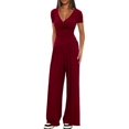 thumbnail image 3 of Womens V Neck Short Sleeve Top Wide Leg Pants Casual Comfortable Outfit Set Two Piece Wine Red [Short Sleeve] S, 3 of 5