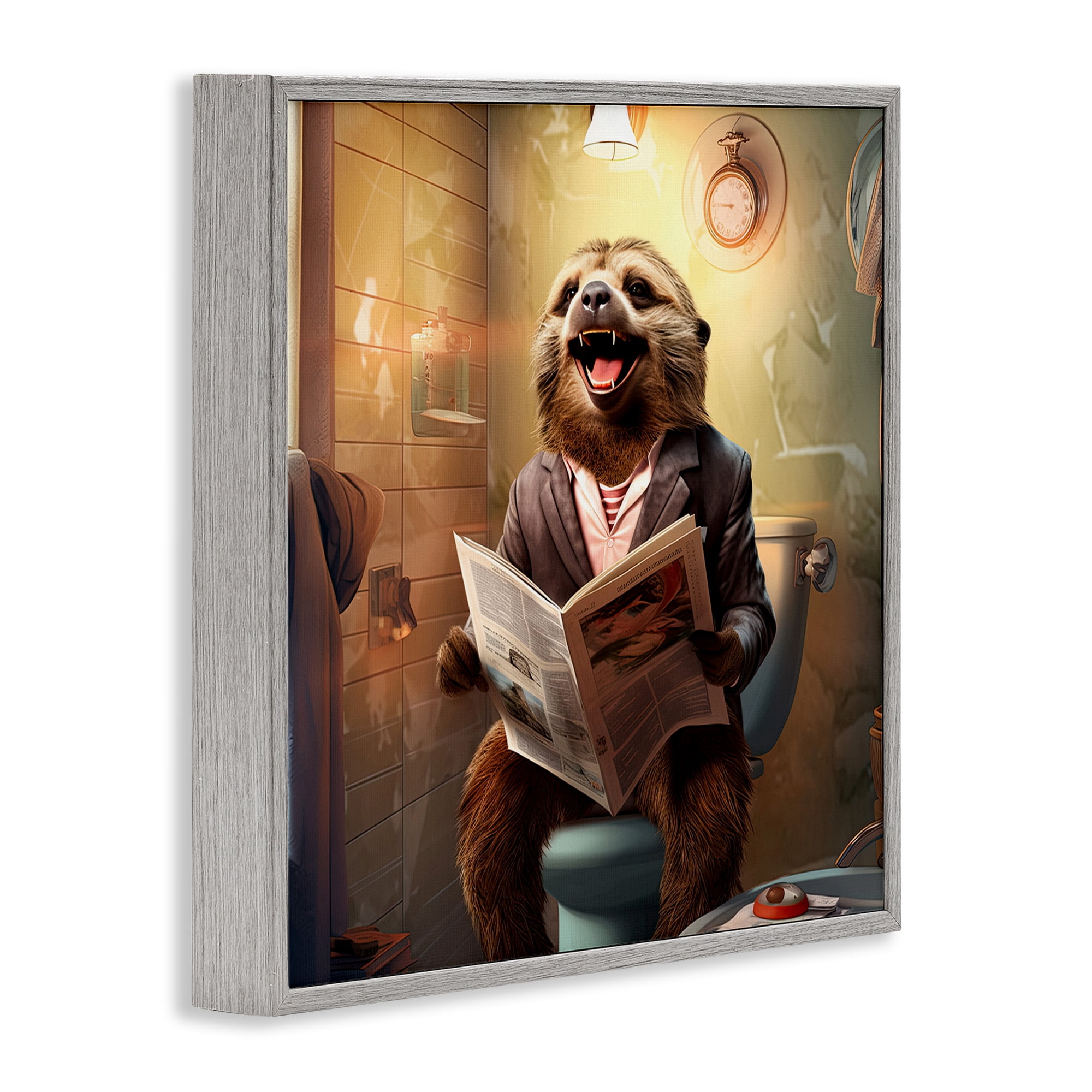 Stupell Industries Smiling Sloth on Toilet Typography Painting Gray Framed Art Print Wall Art, 12 x 12