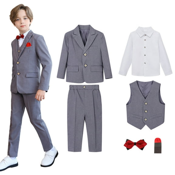 Delliss 6 Piece Boys Suit for Kids Tuxedo Wedding Formal Suit Set Boy Formal Suits Tuxedo Suits Formal Jacket,Pants,Shirt,Vest,Bow Tie,Pocket Towel