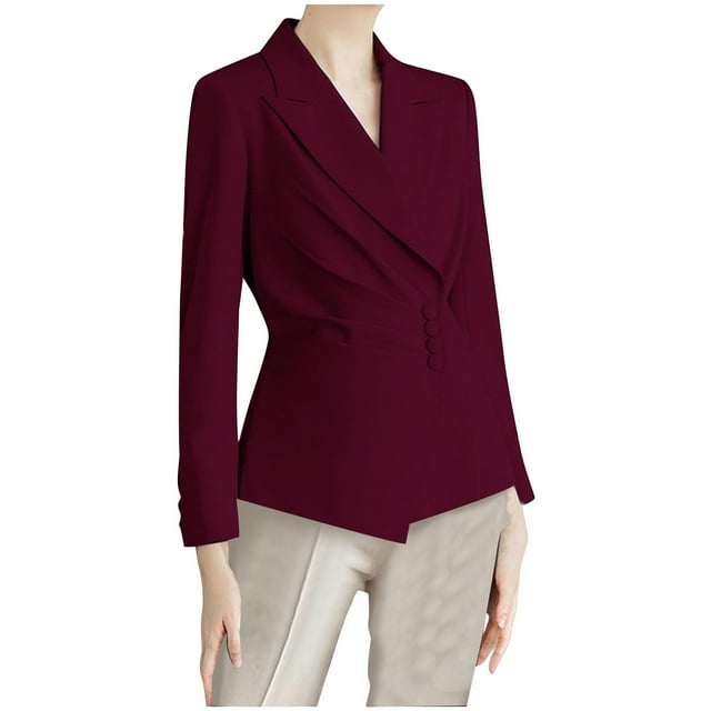AherBiu Womens Blazers for Work Casual Single-Breasted Ruched Jacket Fall Lapel Collar Formal Blazer