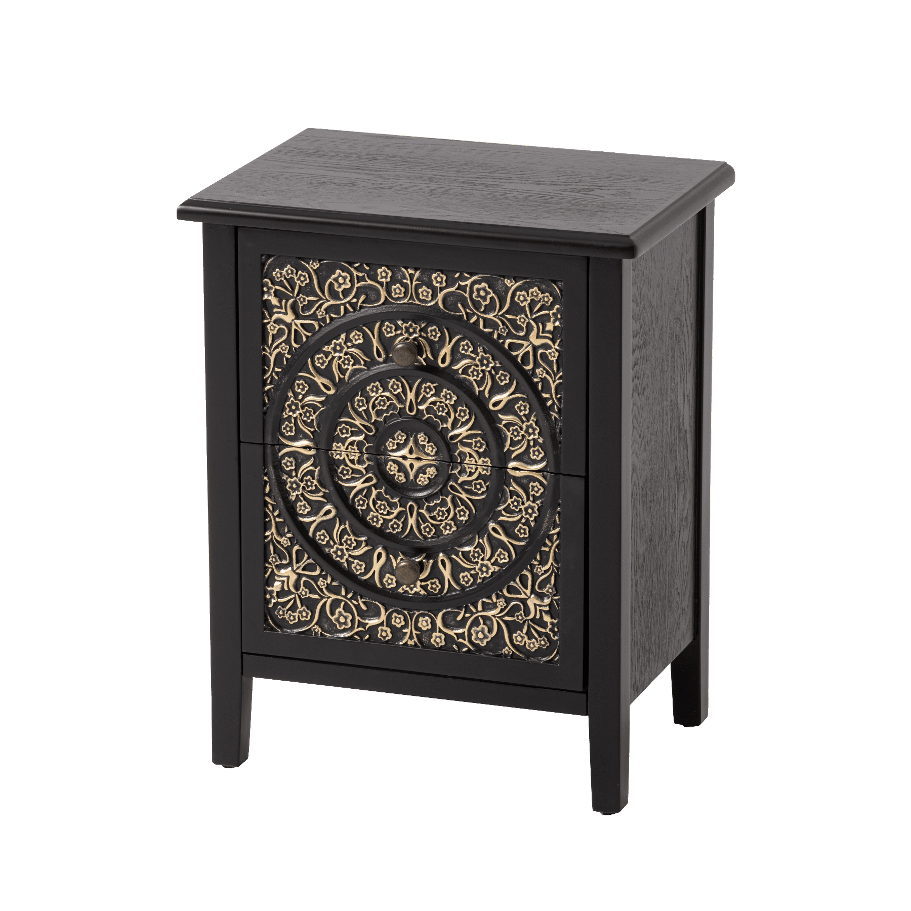 COZAYH 2-Drawer Fully-Assembled Flower Motif Nightstand for Small Spaces, French Country, Modern, Distressed Finish, Gold & Black