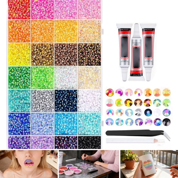 30000Pcs Resin Rhinestones for Crafting, 3mm 28 Colors Non Hotfix Flatback Gems with 3Pcs Glue, Bedazzling Crystal for DIY Craft Clothing Mugs Tumblers Shoes Fabric Decor Nail Art