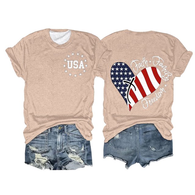 Hauts d'Été pour Femmes, Tenues de 4 Juillet 2024, Mode Féminine, Col Rond, Manches Courtes, Imprimé Drapeau Américain, Beige