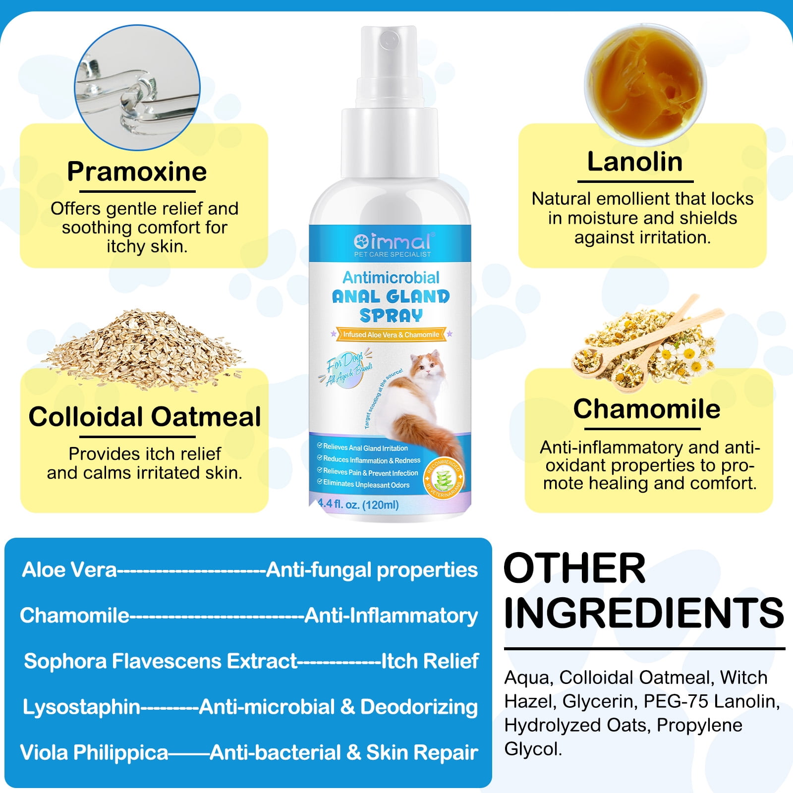 Oimmal Antimicrobial Anal Gland Spray for Cat, Anal Gland Support for Cats, Relieves Anal Gland Irritations and Soothes Itching - 8.8 Fl Oz