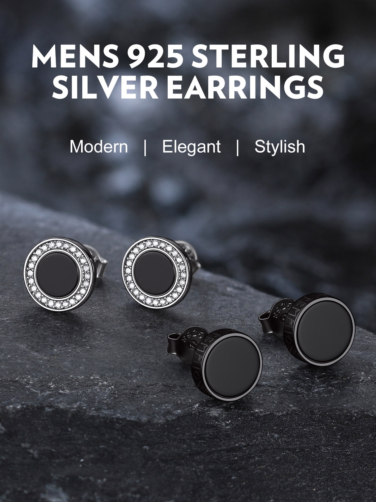 Bandmax Black S925 Silver Stud Earrings for Men Women Natural Black Onxy with Viking Rune Ear Studs Gift for Father's Day Christmas Valentines