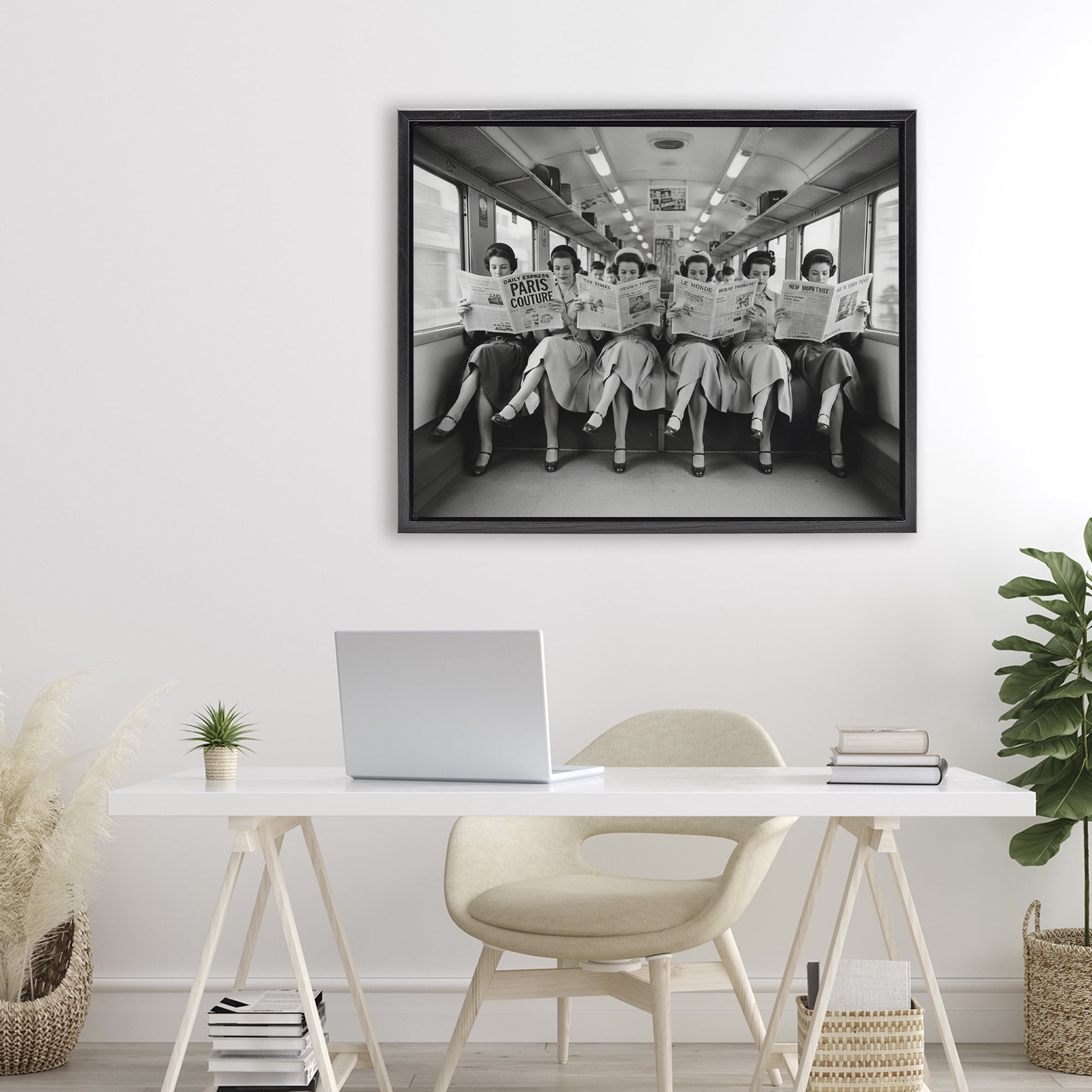 Stupell Industries Newsprint Ladies on Train Black Framed Floater Canvas Wall Art, design by A Barefoot Stylist