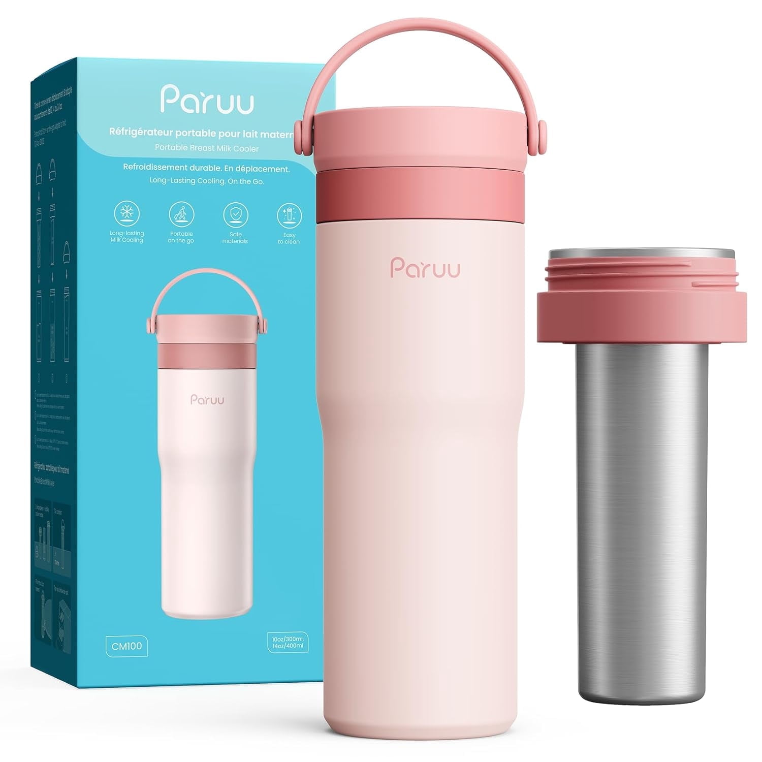 Paruu Portable Breast Milk Cooler, 304 Stainless Steel Breastmilk Chiller for 14–23H Cooling, 10-24oz Breastmilk Storage Container for Travel, Outdoor, New Moms Breastfeeding Essentials, Pink