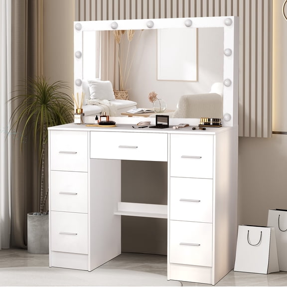 Teousev Vanity Set with Mirror and Lights, Large Vanity Mirror Makeup Desk for Girls, Dressing Table with 7 Drawers, White