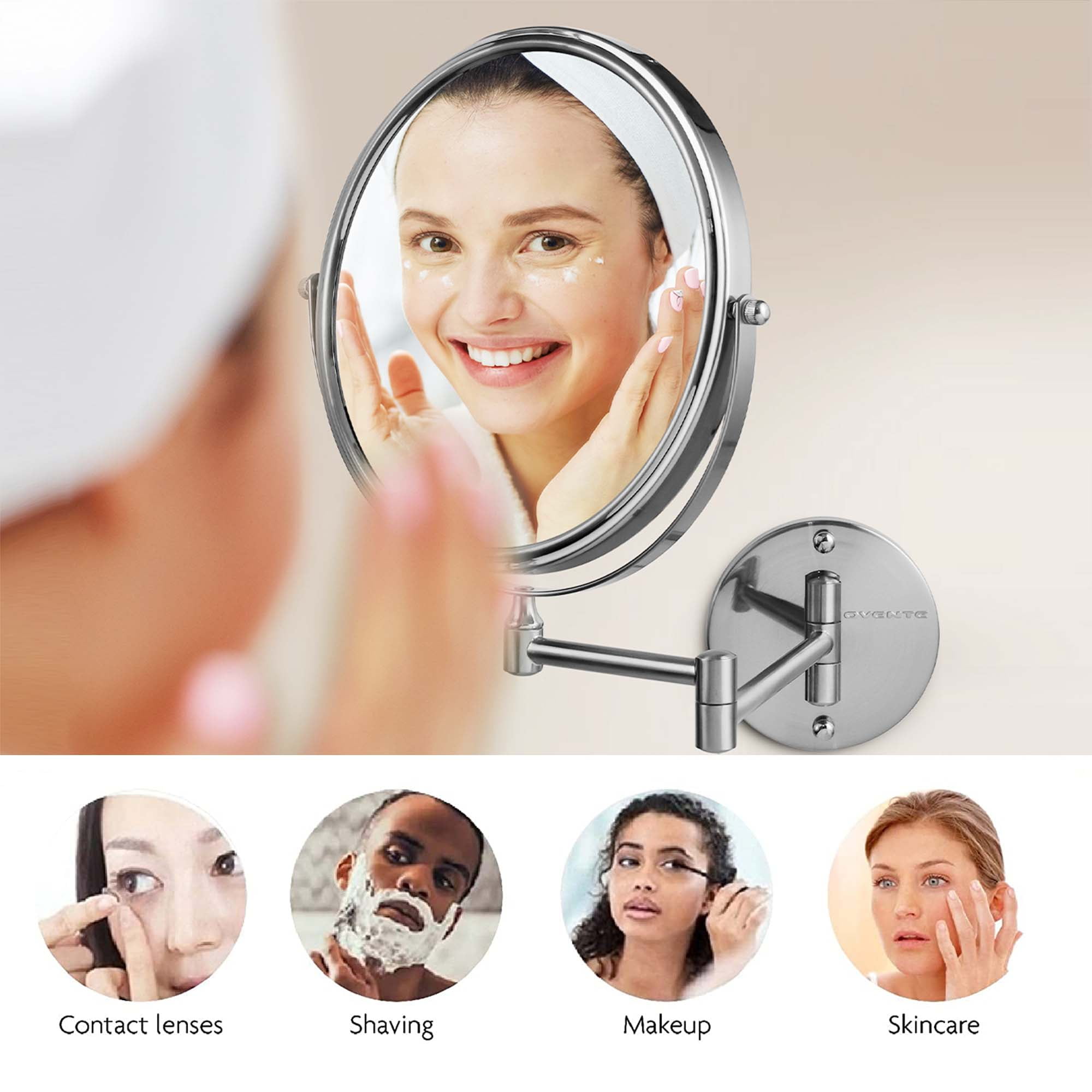 OVENTE 9" Wall Mounted Makeup Mirror with 1X/7X Magnification, Double Sided Magnifying Round Bathroom Vanity Mirror, 360° Swivel Design, Extendable and Folding Arm, Nickel Brushed MNLFW90BR1X7X