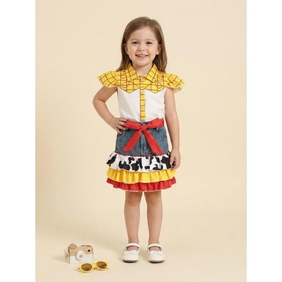 Kids Girl Summer Outfits Plaid Print Fly Sleeve Shirts Tops Cow Pattern Ruffles Patchwork Denim Skirts Headband 3Pcs Clothes Set