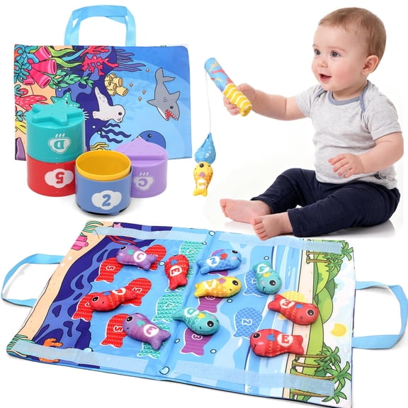 Montessori Toys for 1 Year Old Boys Girls, Cloth Fishing Game, Learning Toys for Toddlers 1-3, Sorting Learning Toy with Stacking Cups, Sensory Toy for 6-12 Months