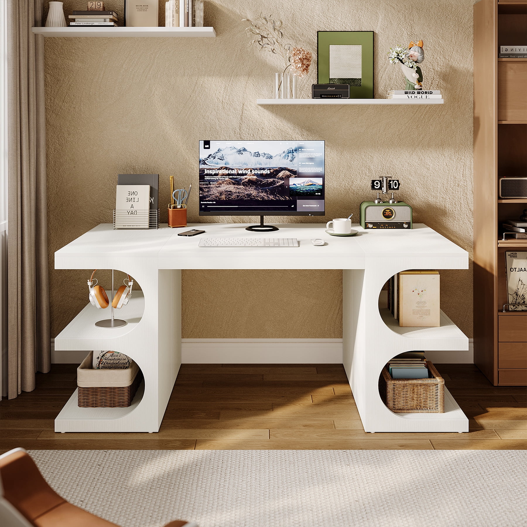 Finmind 63" Modern Executive Office Desk with Storage Shelves, Home Computer Desk, White