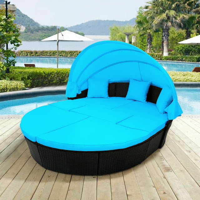 Canddidliike Outdoor Lounge Round Sofa Set w/Blue Cushions for Patio Sectional Furniture - Black Wicker