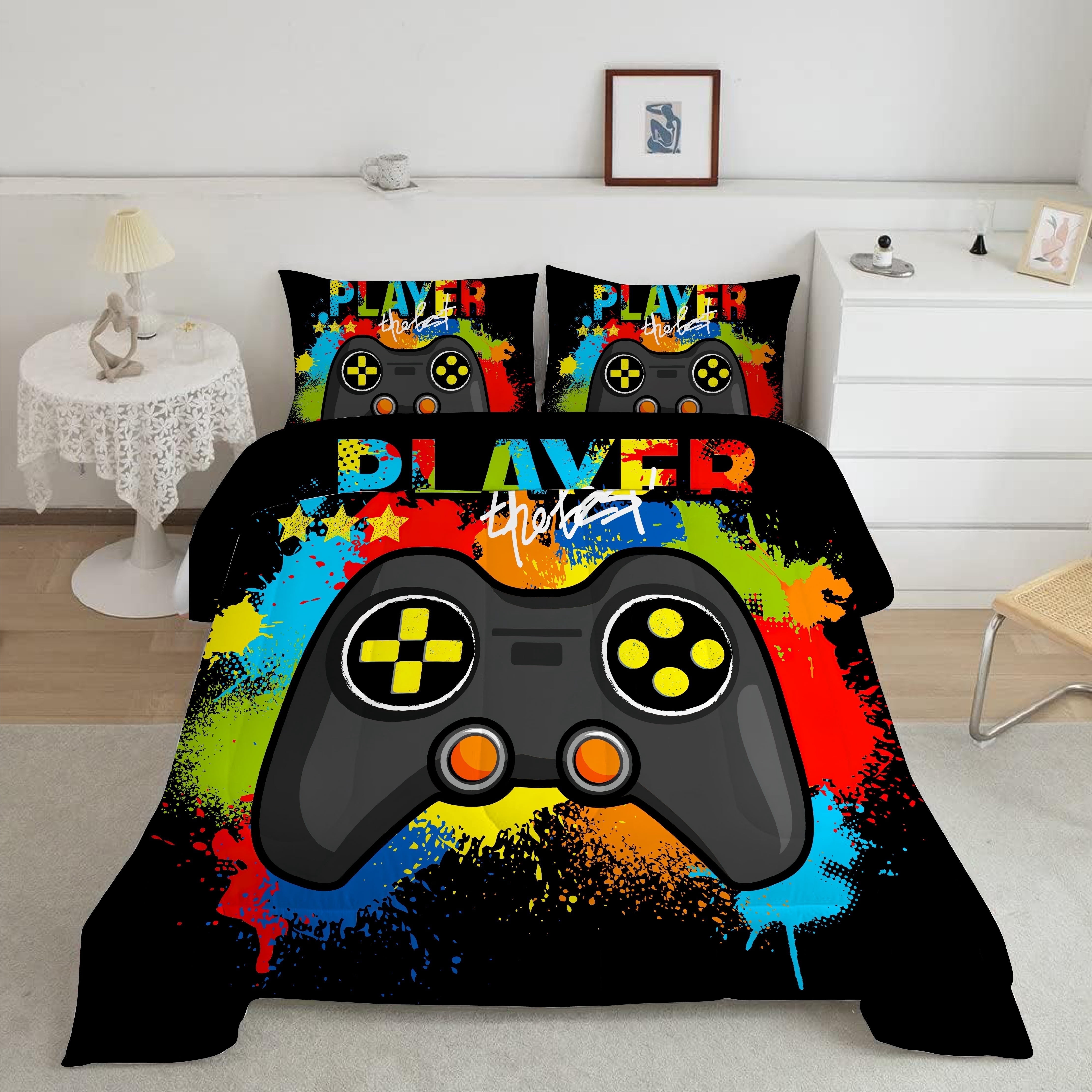 3 Pieces Yellow Gamer Comforter Set for Boys Gaming Bedding Set Queen Size Video Game Controller Colorful Comforter for Kids Adult 3D Gamepad