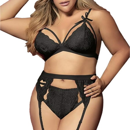 

Uerlsty Women s Plus Size Lace Bralette & Thong With Garter Belt 3Pcs Lingerie Nightwear