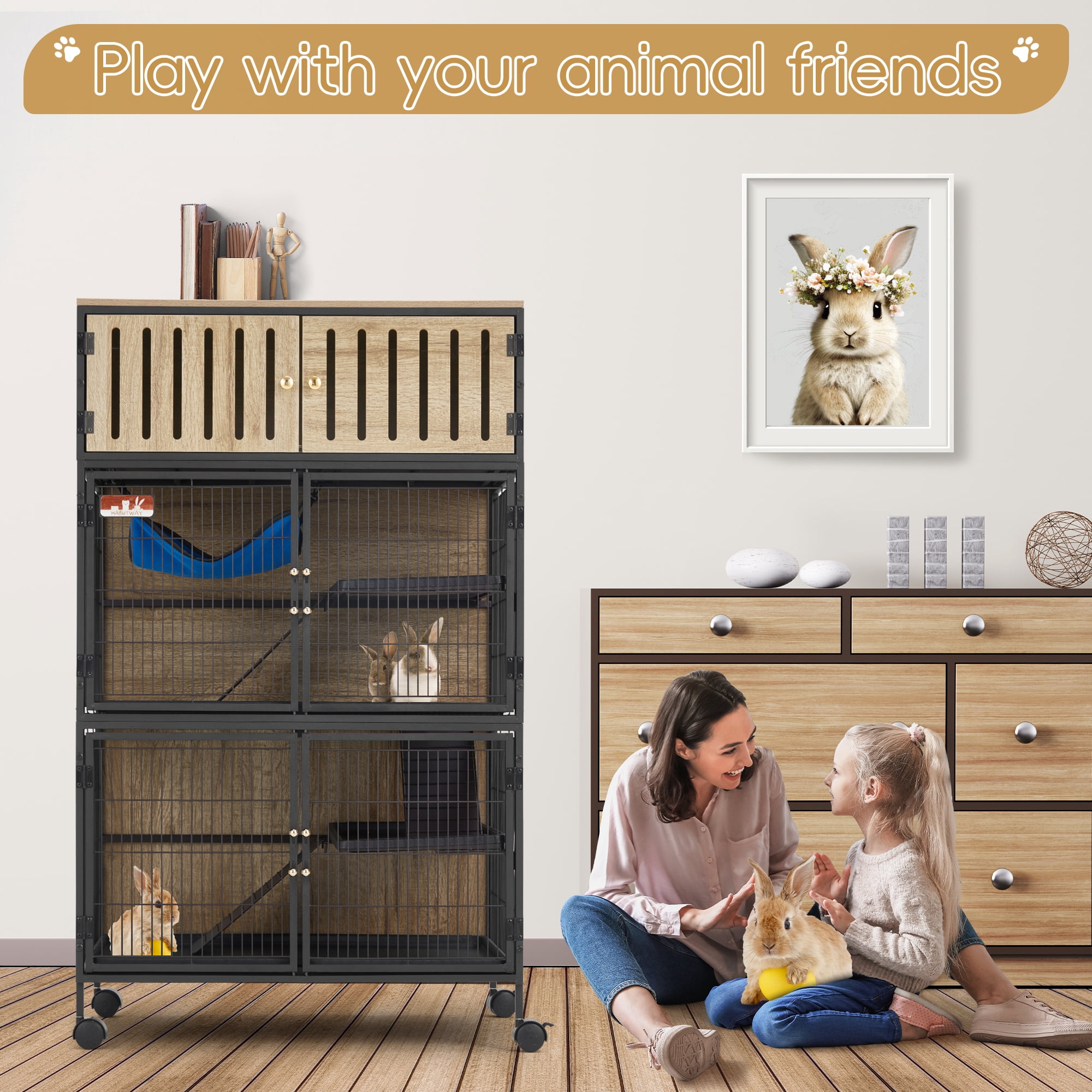 HABUTWAY Metal Large Small Animal Cage 5 Levels, 50.0" H Rolling Guinea Pig Cage with Removable Ramps & Double Door, Ferret Cage with Locker