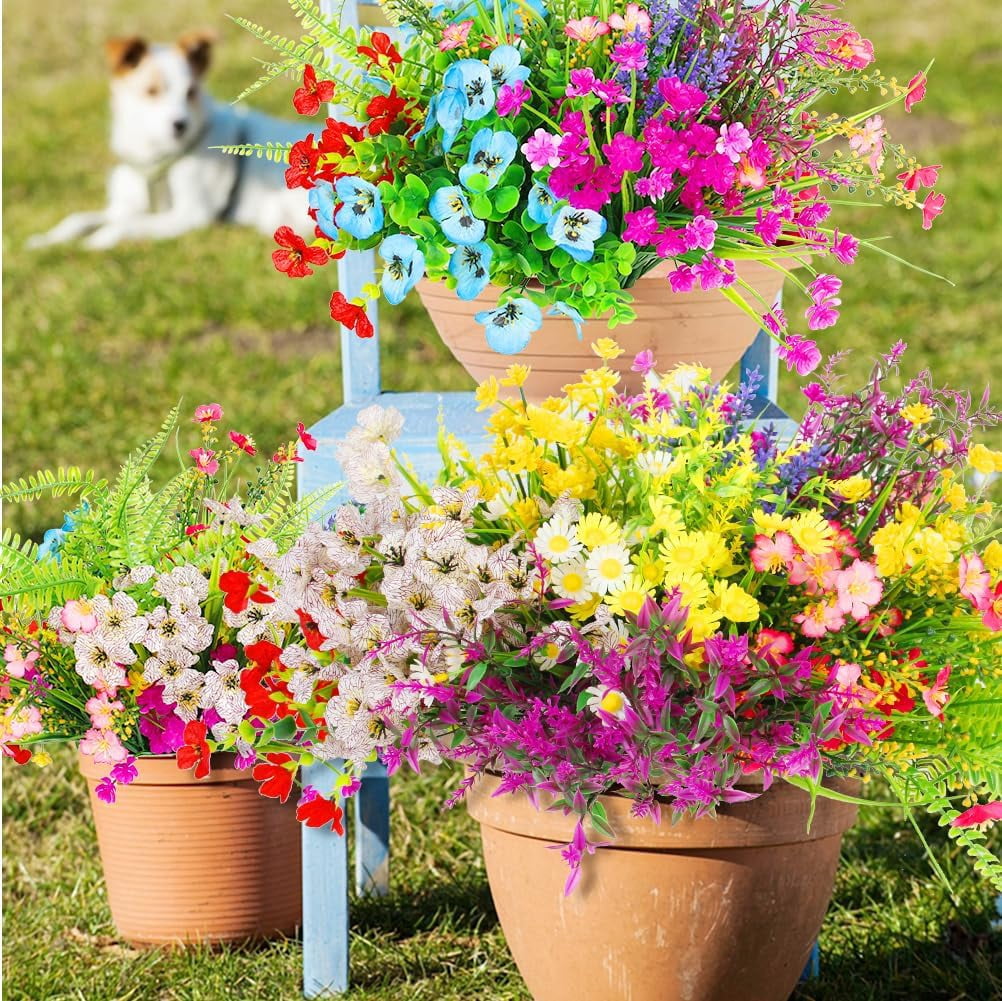 26 Bundles 13 Style Multicolor Artificial Outdoor Flowers, Fake Plastic Plants Faux Lavender Pansies, UV Resistant for Spring Summer Garden Patio Hanging Planter Window Box Vase Decor