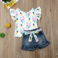 thumbnail image 2 of Bagilaanoe 2pcs Toddler Baby Girl Short Pants Set Flying Sleeve Print T Shirt Tops + Denim Shorts with Belt 1T 2T 3T 4T 5T 6T Kids Casual Summer Outfits, 2 of 8