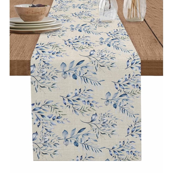 Rustic Blue Leaves Table Runner 108 Inches, Farmhouse Botanical Beige Bed Runner Dresser Scarves Tabletop for Indoor Outdoor Parties/Ceremony/Banquet, 13"x 108"
