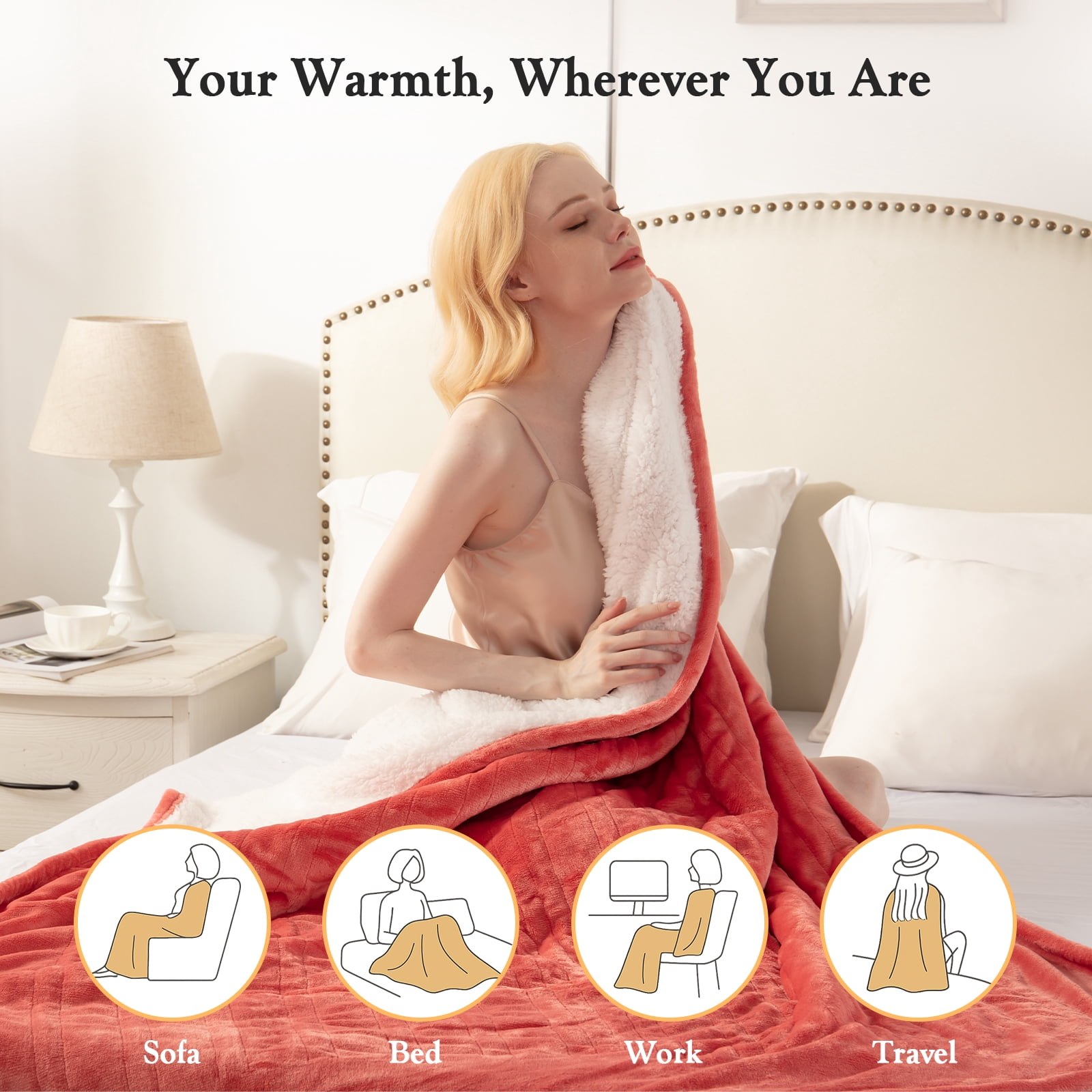 COZY@HOME Electric Blanket, Sherpa and Flannel Throw Size 50"x60", Grapefruit Pink，Fast Heating 6 Heating Levels & 4H Auto-Off, Machine Washable