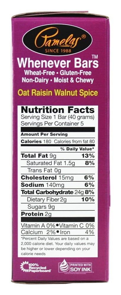 Pamela's Products, Oat Spice Whenever Bars, Raisin Walnut, 5/1.41oz, Pack of 6