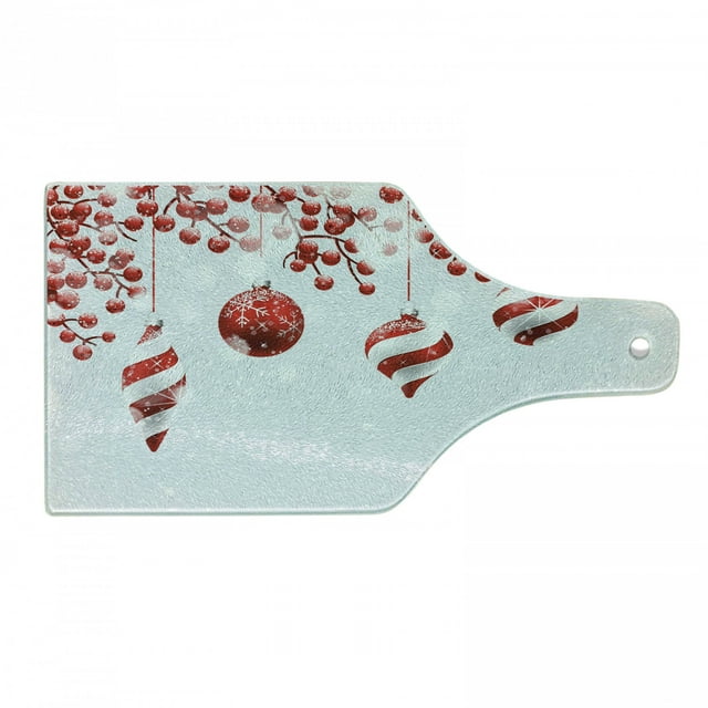 Christmas Cutting Board, Traditional Design Holly Berry Branches Snow and Bokeh Effect Print, Decorative Tempered Glass Cutting and Serving Board, Wine Bottle Shape, Red White, by Ambesonne
