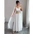 thumbnail image 3 of White Womens Elegant V-Neck Maxi Dress With Gold Embroidered Waist And Cape Sleeves, 3 of 7