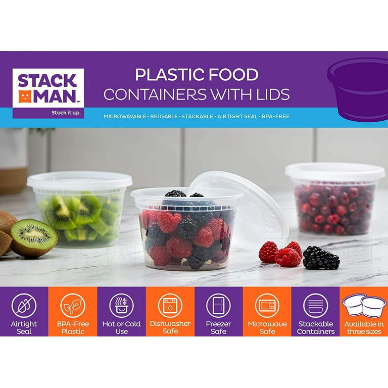 Stack Man [48 Pack, 16 oz] Plastic Deli Food Storage Soup Containers With  Airtight Lids, Freezer Safe, Meal Prep, Stackable, Leakproof