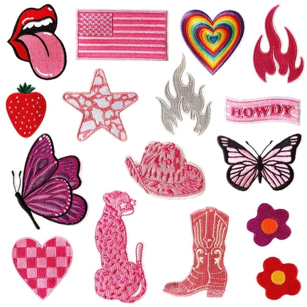 Parche termoadhesivo, 16 piezas de pegatinas de tela con lazo de rosas, pegatinas de tela bordadas, mariposas de amor, decoración de ropa de dibujos animados, flores de subsidio de reparación DIY