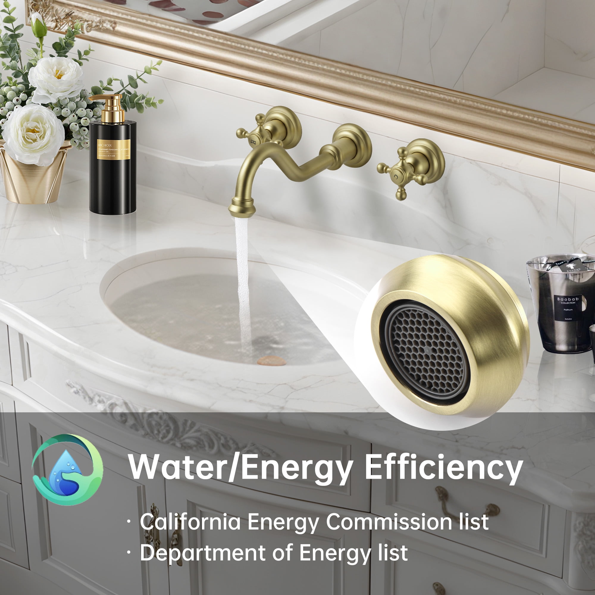 SUMERAIN 3 Holes Wall Mount Basin Faucet,Vintage Cross Handles Brushed Gold Lavatory Bathroom Vessel Sink Faucet Includes Rough-in Valve