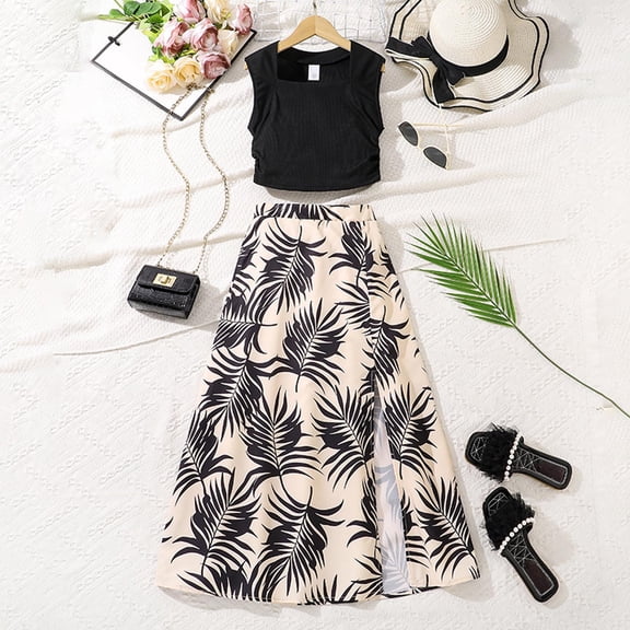 RTKFRFLM Girls 2-Piece Leaf Print Summer Set Square Neck Sleeveless Knit Top and Matching Floral Skirt Fashionable Casual Clothes for Big Girls and Ages 7-12 Years Old